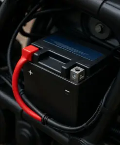 Акумулатор за мотоциклет монтиран и свързван с червен плюс кабел